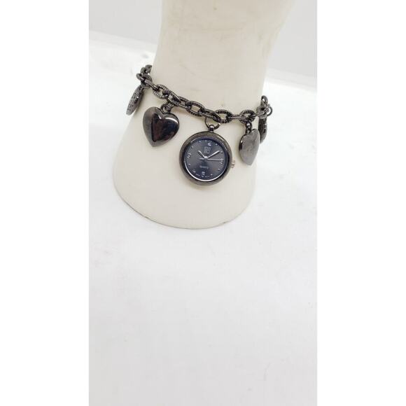 Vintage Puffy Heart & Watch Charm Bracelet New York & Co Black Adjustable Works - Picture 5 of 5